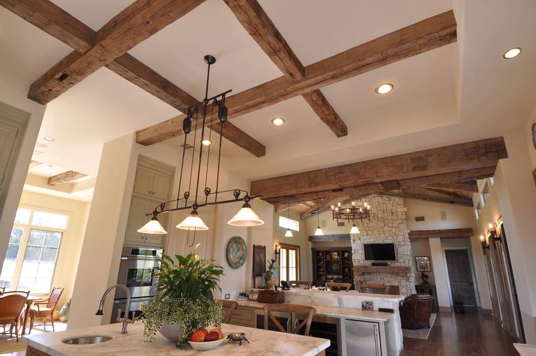 Hand-Hewn Oak Timbers, TWII Resawn Slab Ceiling