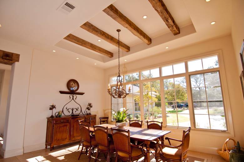 Hand-Hewn Oak Timbers, TWII Resawn Slab Ceiling