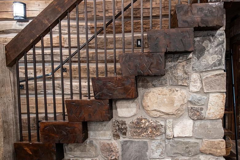 Douglas Fir B-S Stair Treads, Hand-Hewn Skins, and WeatheredBlend Timbers