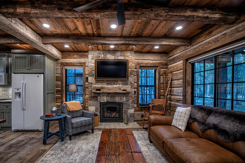 Antique Brown Shiplap Barnwood, Hand-Hewn Timbers, Hand-Hewn Skins, and Hand-Hewn Unfinished Mantel