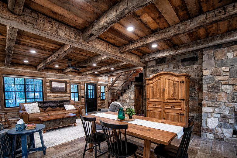 Hand-Hewn Timbers, Hand-Hewn Skins, Antique Brown Shiplap Barnwood, and Douglas Fir B-S Stair Treads