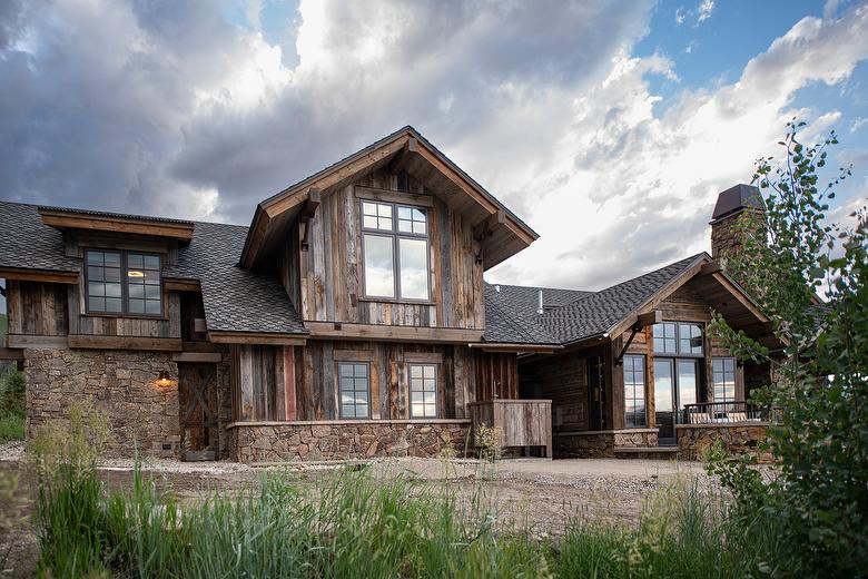 WeatheredBlend Mixed Gray/Brown Lumber, NatureAged T&G Lumber (soffit), and Hand-Hewn Skins