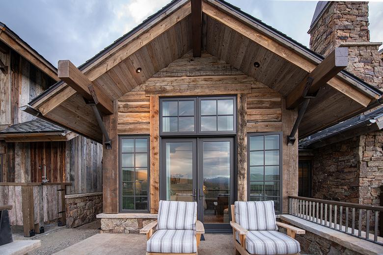 WeatheredBlend Mixed Gray/Brown Lumber, NatureAged T&G Lumber (soffit), and Hand-Hewn Skins