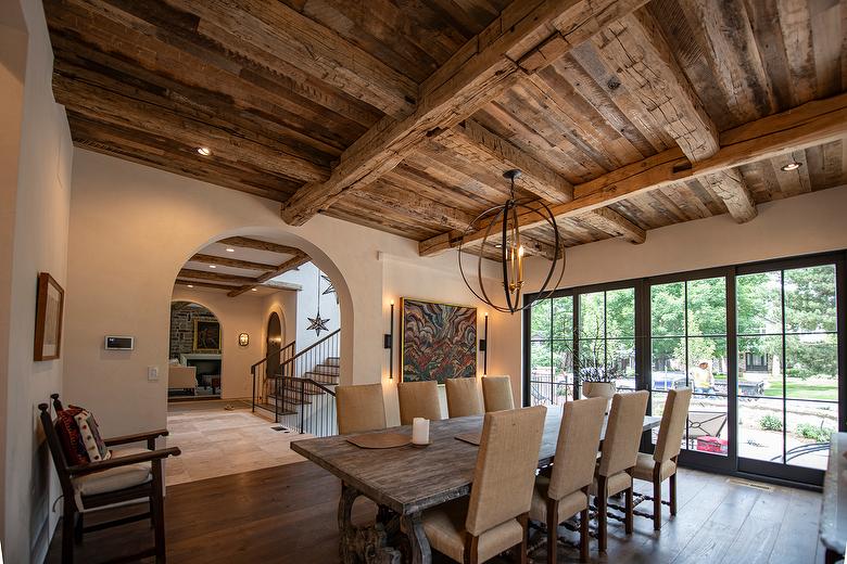 Hand-Hewn Dining Room Beams & Skip-Planed Trailblazer Mixed Hardwood