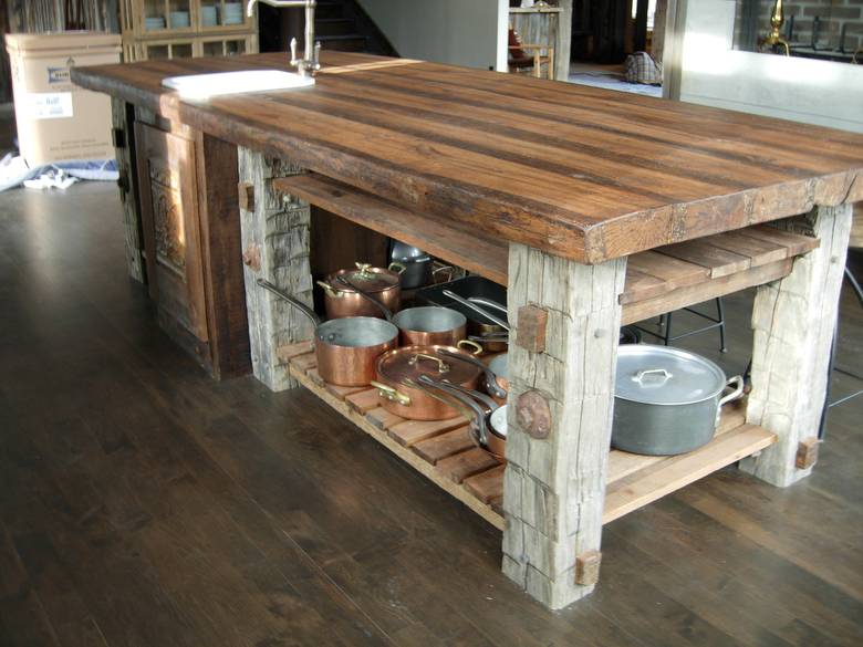 Kitchen Island built from Hand-Hewn Timbers and Sleeper Middles
