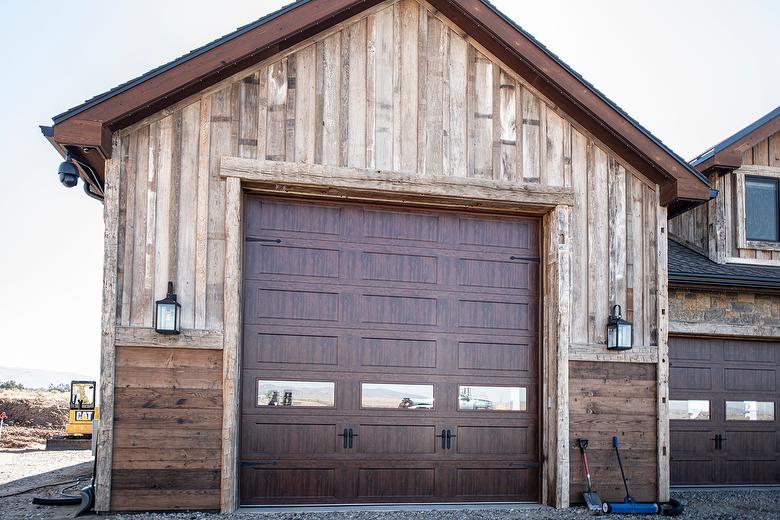 Antique Smooth Brown Barnwood Shiplap Siding, Picklewood Bottoms Board-and-Bat Siding, and Hand-Hewn Timbers