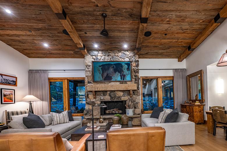 Antique Brown Barnwood Board-to-Board Ceiling (Mira Loma) and Hand-Hewn Unfinished Mantel