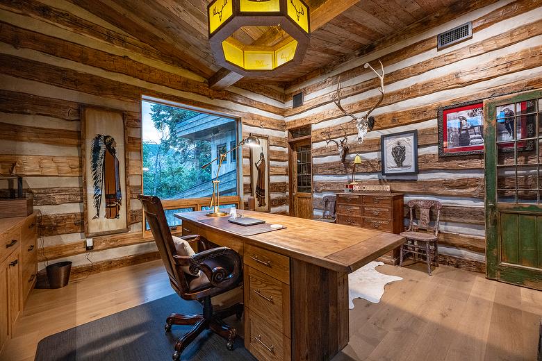 2" Hand-Hewn Skins and Antique Brown Barnwood Board-to-Board Ceiling (Mira Loma)