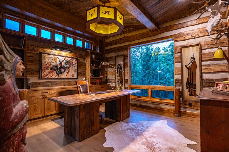 2" Hand-Hewn Skins and Antique Brown Barnwood Board-to-Board Ceiling (Mira Loma)