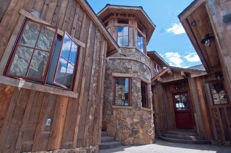 Brown Barnwood Ceiling and Siding, Hand-Hewn Mantel