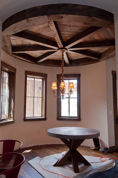 Brown Barnwood Ceiling and Siding, Hand-Hewn Mantel