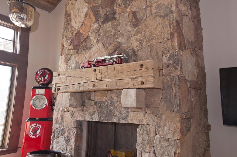 Brown Barnwood Ceiling and Siding, Hand-Hewn Mantel