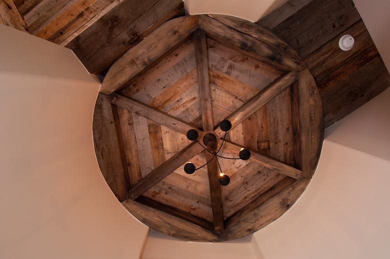 Brown Barnwood Ceiling and Siding, Hand-Hewn Mantel