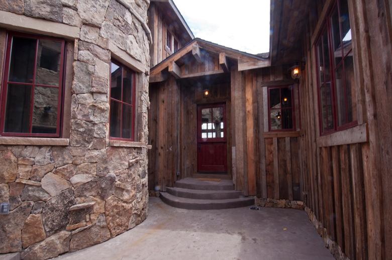 Brown Barnwood Ceiling and Siding, Hand-Hewn Mantel