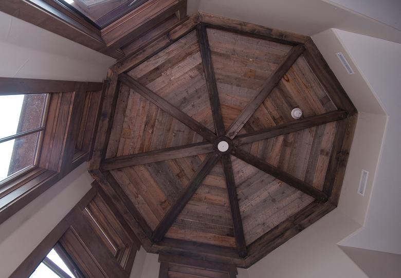 Brown Barnwood Ceiling and Siding, Hand-Hewn Mantel