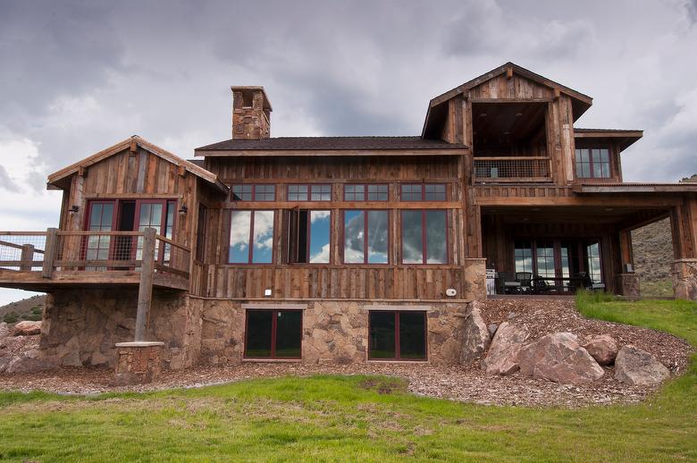 Brown Barnwood Ceiling and Siding, Hand-Hewn Mantel