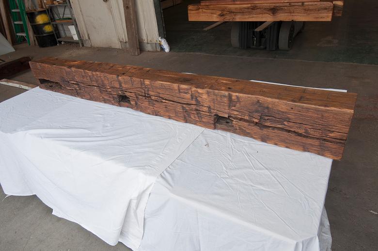 bc# 130055 - 8.25x9.62 x 7.92' Hand-Hewn Mantel, Finished - 52.38 bf - Finish:  Tung Oil, Polyurethane, Mineral Spirits Mix 