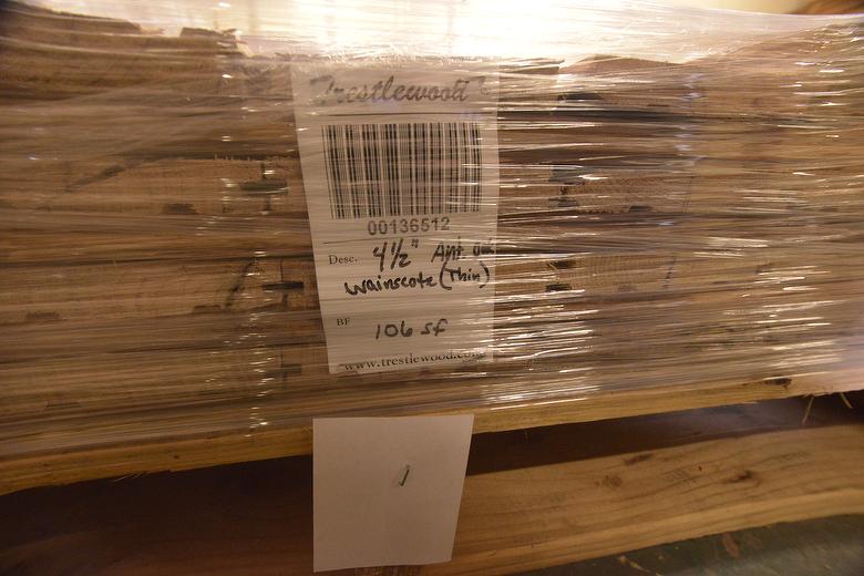 bc# 136512 - .62" x 4.5" Antique Oak Skip-Planed T&G (Thin) - 106.00 sf - 1'-4' lengths (Face good but thin or skipped on back side.  Recommended use is wainscot or paneling). 