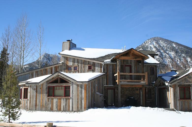 WeatheredBlend Antique and NatureAged Barnwood Siding (mixed gray/brown), NatureAged Barnwood Soffit and Fascia, TWII Character Timbers (cut from butt-ends)