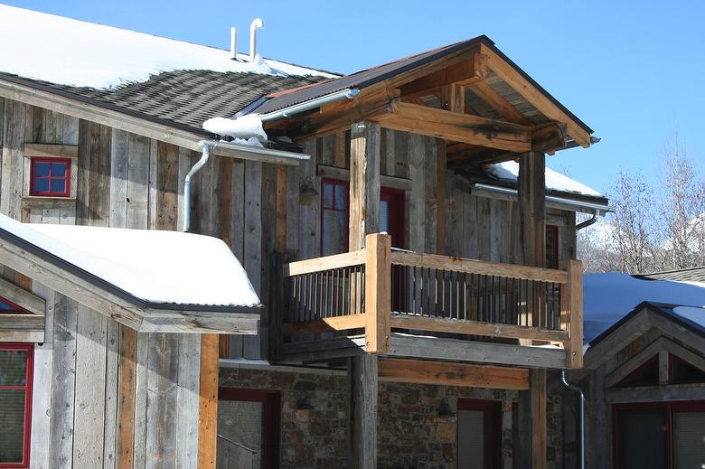 WeatheredBlend Antique and NatureAged Barnwood Siding (mixed gray/brown), NatureAged Barnwood Soffit and Fascia, TWII Character Timbers (cut from butt-ends)