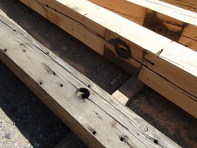 Douglas Fir Timbers --Close-up of dark color and countersink (8 x 8 x 16)