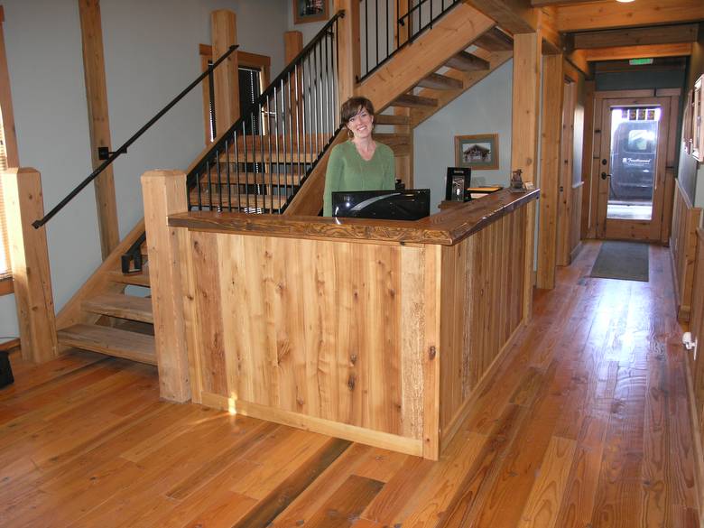 Lindon Reception Desk / Happy Kristin behind desk!