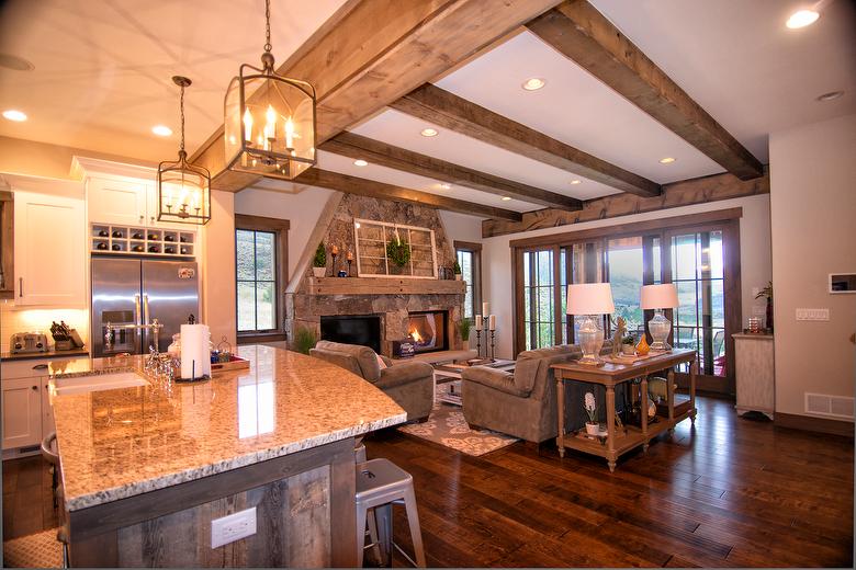 Brown Barnwood Ceiling and Siding, Hand-Hewn Mantel