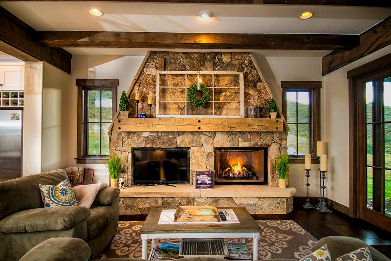 Brown Barnwood Ceiling and Siding, Hand-Hewn Mantel