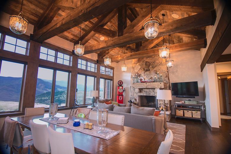 Brown Barnwood Ceiling and Siding, Hand-Hewn Mantel