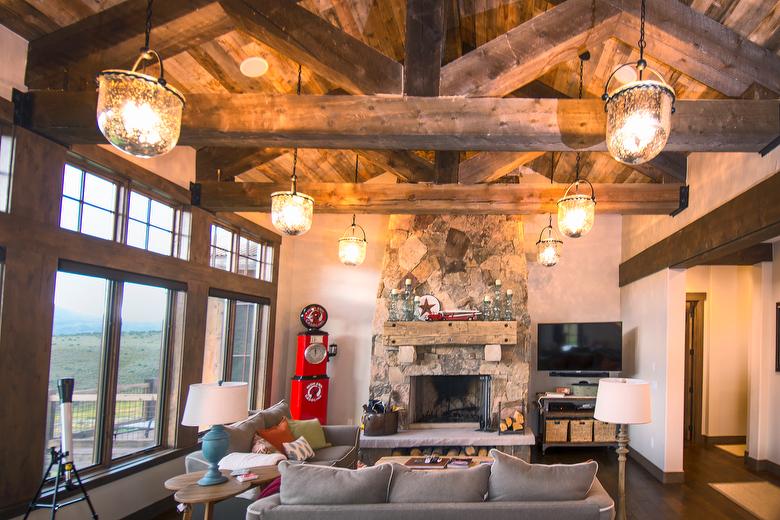 Brown Barnwood Ceiling and Siding, Hand-Hewn Mantel