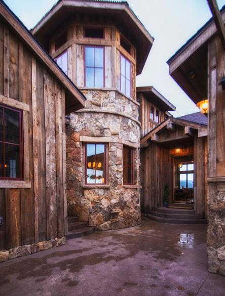 Brown Barnwood Ceiling and Siding, Hand-Hewn Mantel