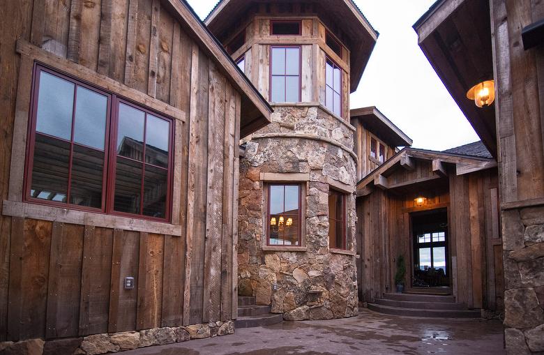 Brown Barnwood Ceiling and Siding, Hand-Hewn Mantel