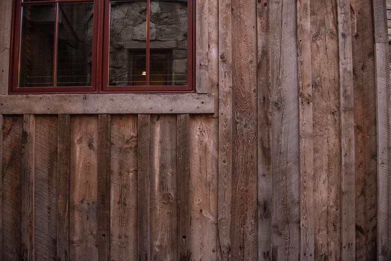 Brown Barnwood Ceiling and Siding, Hand-Hewn Mantel