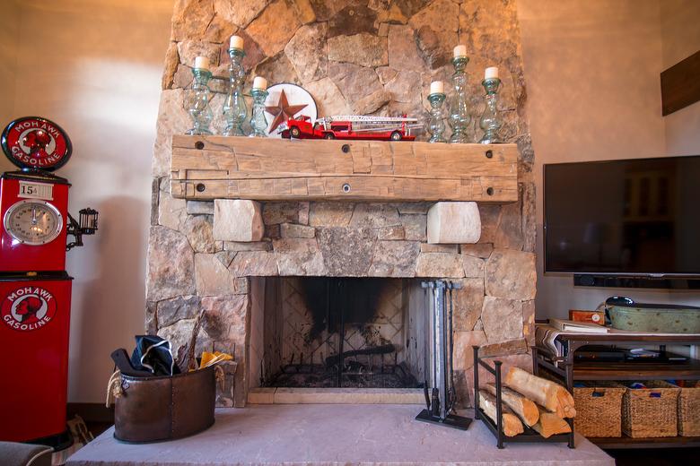 Brown Barnwood Ceiling and Siding, Hand-Hewn Mantel