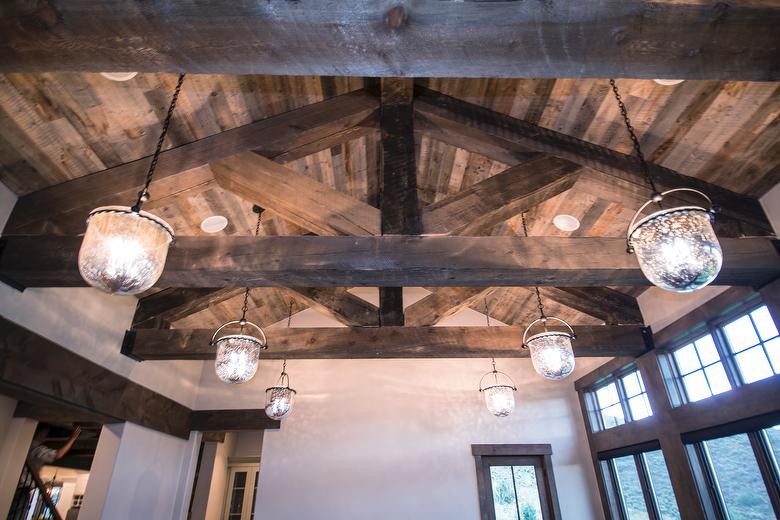 Brown Barnwood Ceiling and Siding, Hand-Hewn Mantel