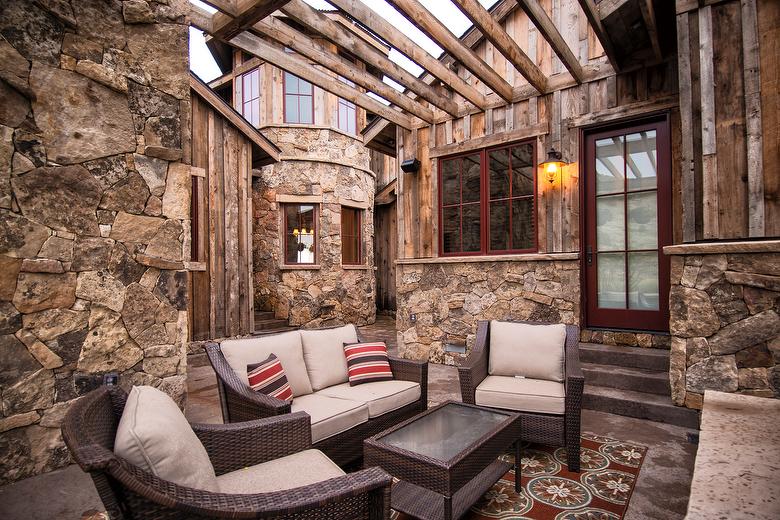 Brown Barnwood Ceiling and Siding, Hand-Hewn Mantel