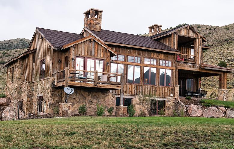 Brown Barnwood Ceiling and Siding, Hand-Hewn Mantel