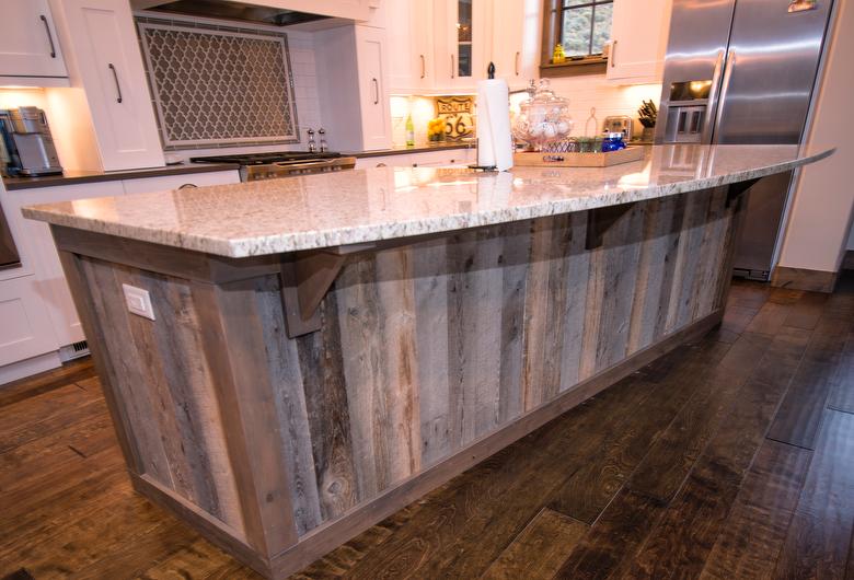 Brown Barnwood Ceiling and Siding, Hand-Hewn Mantel