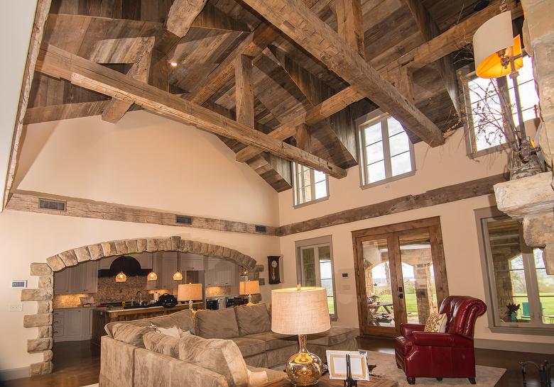 Hand-Hewn Timbers and NatureAged Barnwood Ceiling