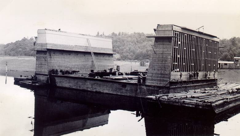 One drydock section under construction / located on the Willamette river in Portland, OR