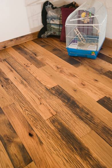 Antique Oak Skip-Planed Flooring / Roughly 30% skipped and 70% smooth (note the distress checking)