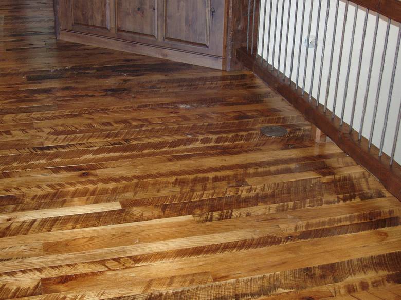 Rescued Skip-Planed Hickory T&G Random  Width  / Finished With Fruit Wood Stain & Old Master Poly