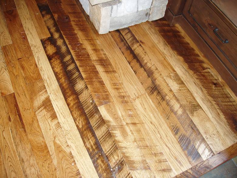 Rescued Skip-Planed Hickory T&G Random  Width  / Finished With Fruit Wood Stain & Old Master Poly