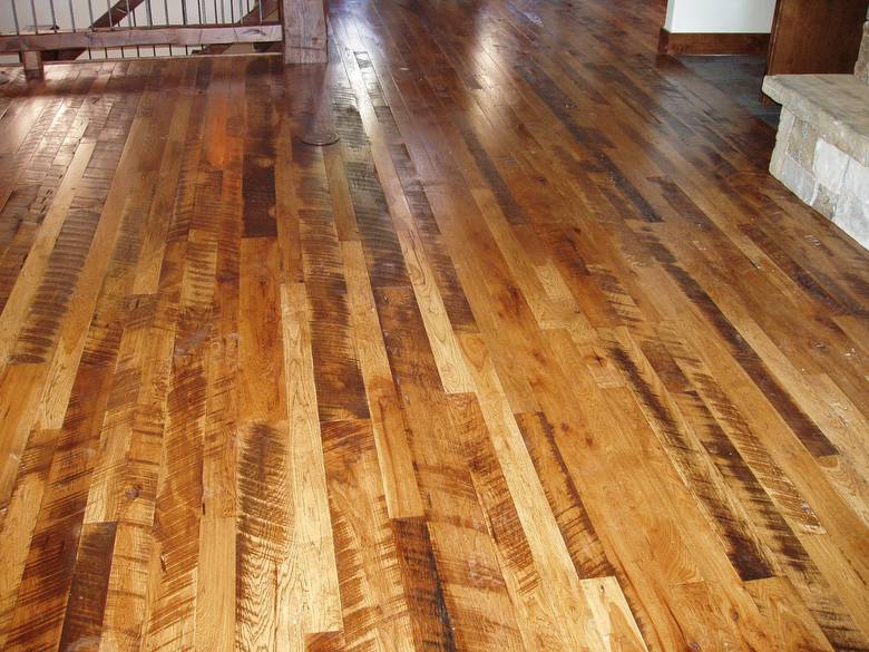 Rescued Skip-Planed Hickory T&G Random  Width  / Finished With Fruit Wood Stain & Old Master Poly