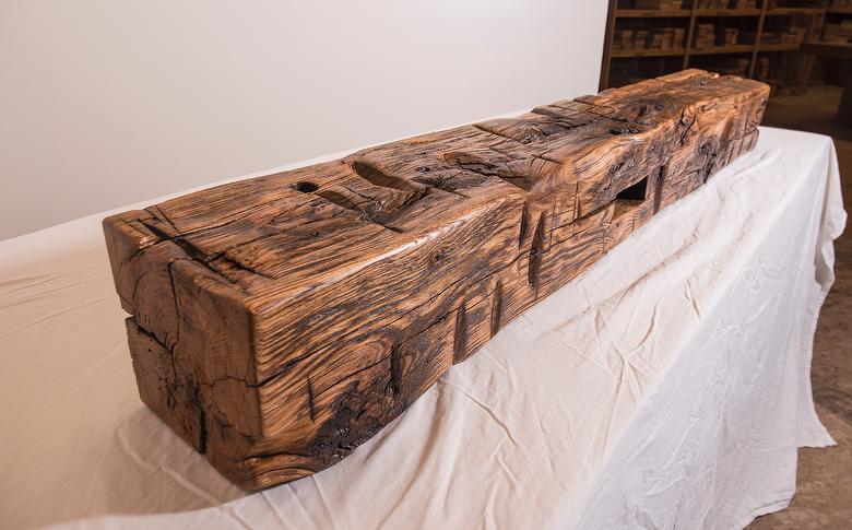 Hand-Hewn Finished Mantel - Oak; sanded; tung oil + linseed oil + gloss polyurethane finish