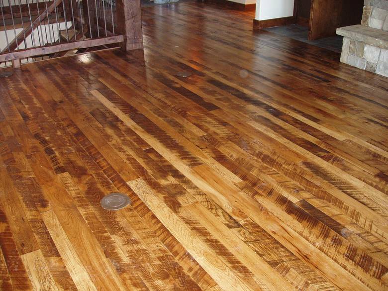 Rescued Skip-Planed Hickory T&G Random  Width  / Finished With Fruit Wood Stain & Old Master Poly
