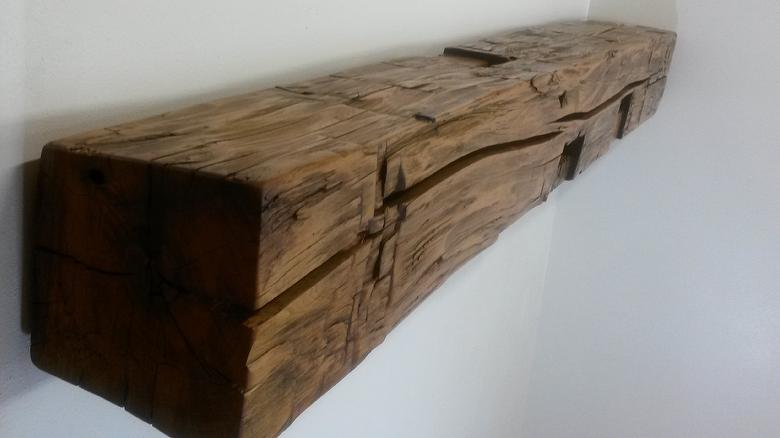 Hand-Hewn Finished Mantel - Elm characteristics; sanded; tung oil+linseed oil+gloss polyurethane finish