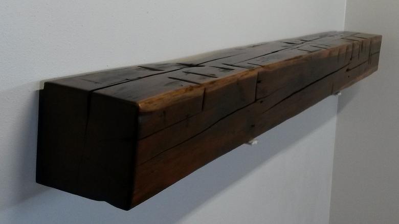 Hand-Hewn Finished Mantel - Cherry characteristics; sanded; dark tung oil + semi-gloss polyurethane finish