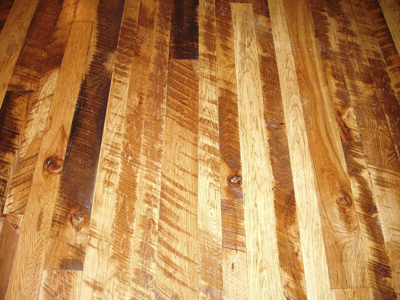 Rescued Skip-Planed Hickory T&G Random  Width  / Finished With Fruit Wood Stain & Old Master Poly
