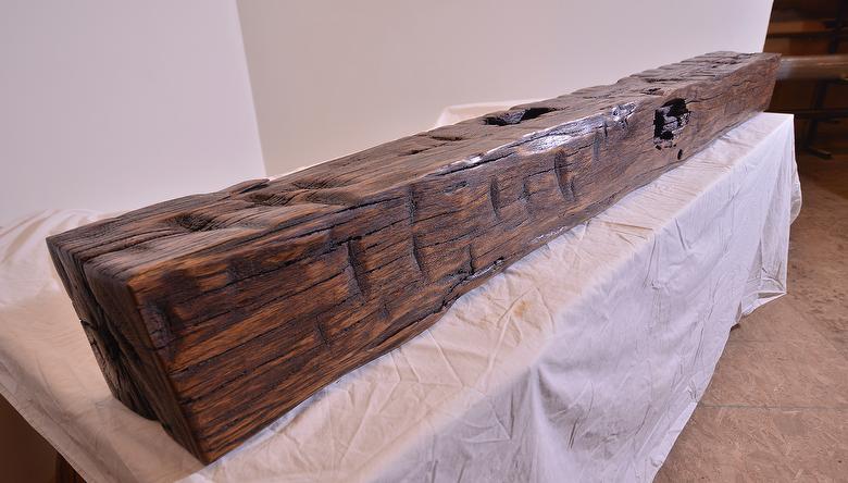 Hand-Hewn Finished Mantel - Oak; sanded; tung oil   semi-gloss polyurethane finish 